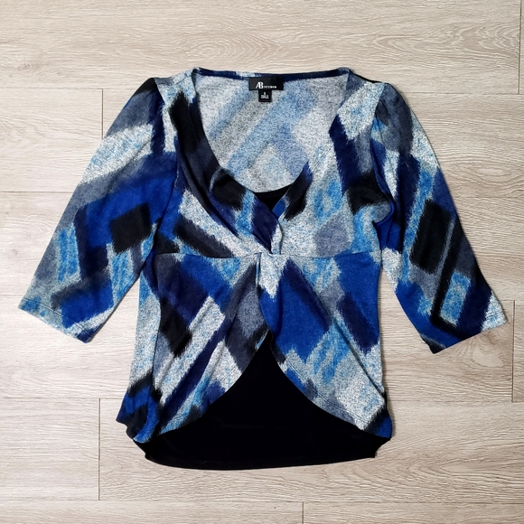 Black blue grey abstract all over print wrap top career AB Studio size Small - Picture 1 of 6